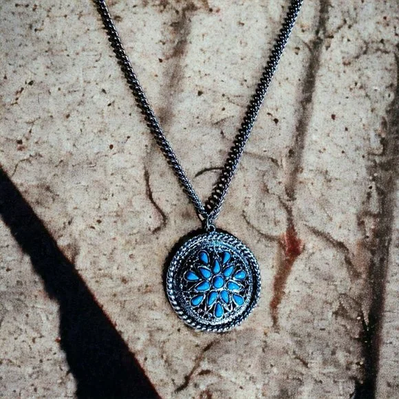 Silver Tone Faux Turquoise Pendant on 24" Chain Women Teen Casual Gift AUG-nk4 - Picture 2 of 5